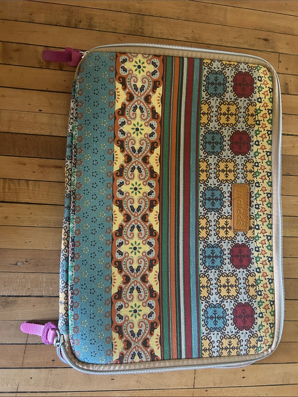 Patterned Zip Pouch laptop case  in Teal, Yellow & Red. 13”x91/2”